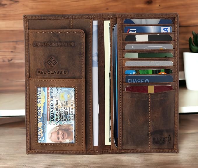 Men's RFID Vintage Look Genuine Leather Long Bifold Wallet Checkbook Wallets,buffalo wax leather,classic brown skull,240-120 - Image 4