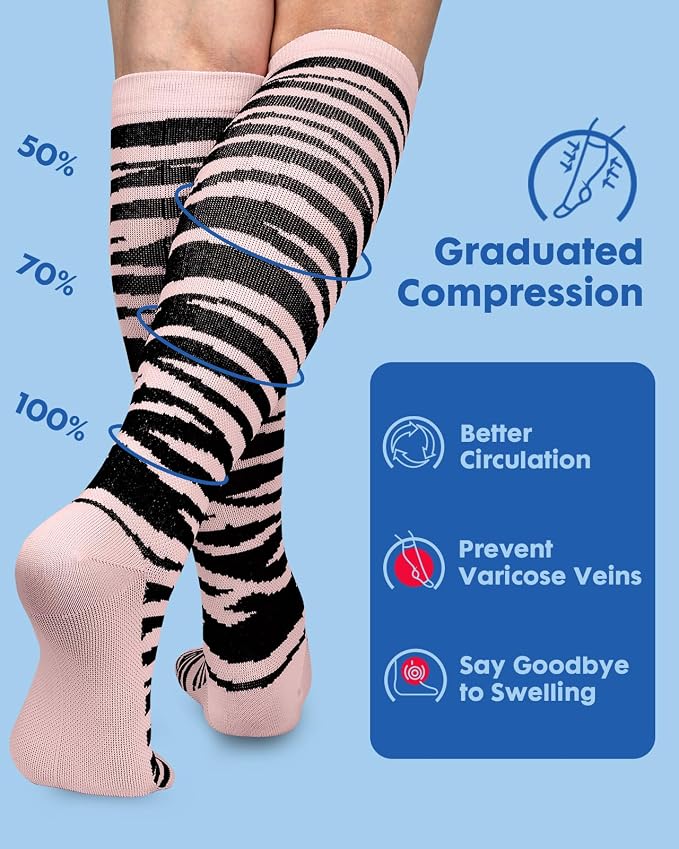 Compression Socks for Women 15-20 mmHg, 2 Pairs | Graduated Support, Knee High Fit, Polyester Stretch, Circulation Comfort, Nurses, Travel, Athletes, Flight, Daily, Patterned - Image 4