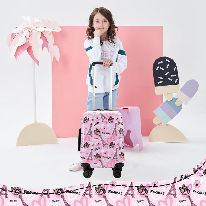 Kid's Luggage Set 5 Piece Suitcase Set 16" Hardside Luggage with Spinner Wheels Girls Carry on Toddler Travel Rolling Suitcase with Neck Pillow Airline Approved - Image 5