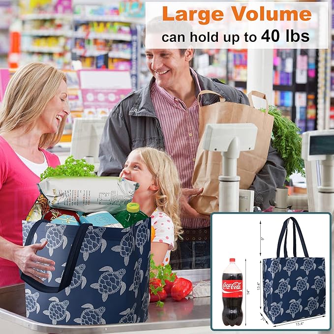BeeGreen Sea Turtle Reusable Shopping Bags For Groceries 6 Pack- Large Foldable Tote Bags- Strong Handles for Heavy Groceries, Perfect for Supermarket, Farmers Market, and Storage Organization - Image 5