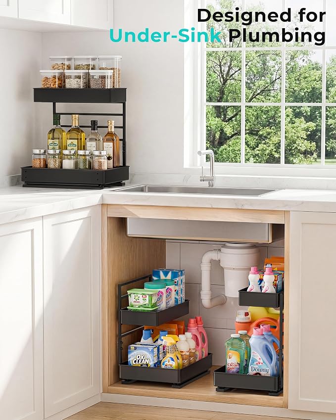 EVERIE Height Adjustable 2 Tier Metal Pull Out Slide Shelf Organizer for Under Sink Cabinets in Kitchen, Bathroom, with Snap-on Top Tray, 16" Deep (Black, 2 Sets) | Pull Out - Image 6