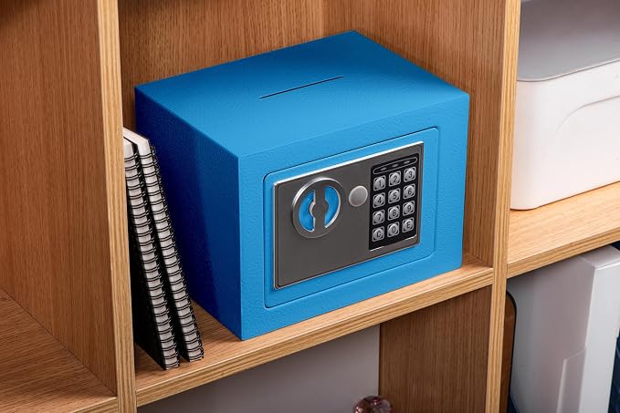 Small Safe Box With Digital Keypad & Keys - 9.05 x 6.7 x 6.7 Inches Wall Safe 0.23 Cuft Mini Security Lock for Money, Cash, Coin, Jewelry - Home Office Hotel Rooms Business (Blue2) - Image 3
