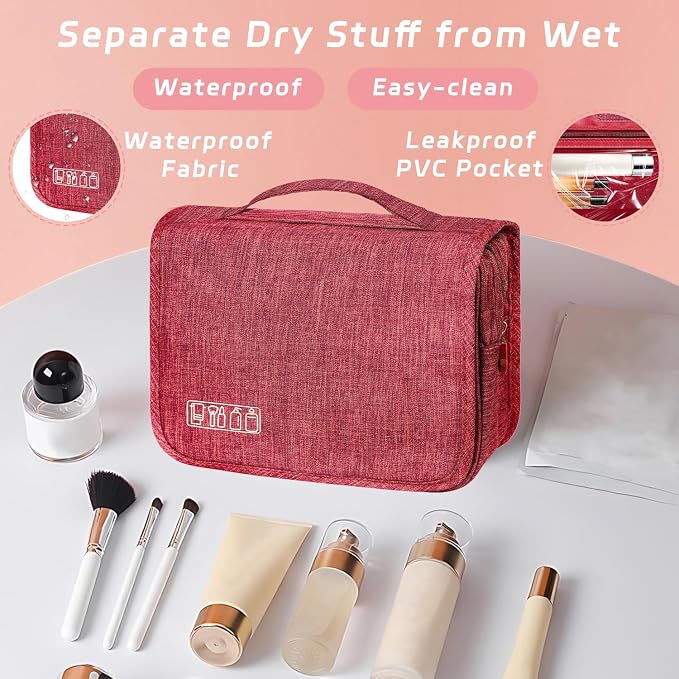 Toiletry Bag Travel Bag with Hanging Hook for Women and Men,Red | Waterproof Small Capacity Hanging Multifunctional Makeup Bag for Toiletries, Portable Cosmetic Bag Travel Organizer - Image 4