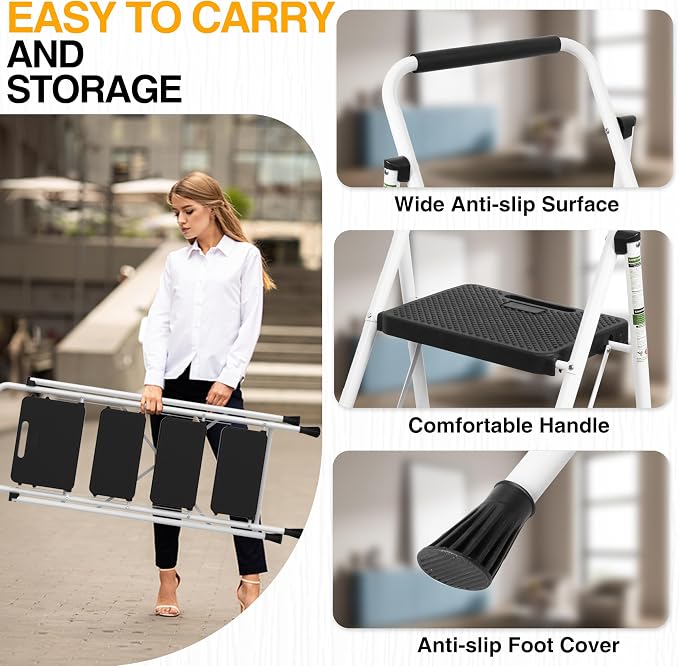 Arbusb Step Ladder, Folding Step Stool with Wide Anti-Slip Pedals, Sturdy Steel Ladder with Handrail, Space-Saving, Portable for Home & Adults, 4 Step White - Image 6