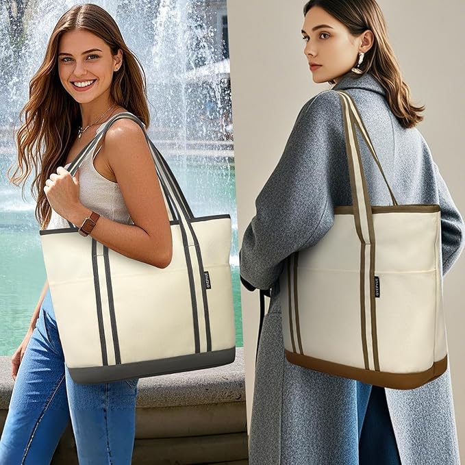 Large Canvas Tote Bag for Women, Beach Bag with Zipper, Utility Tote Bag with 3 Front Pockets, Weekender Pool Bag - Image 6