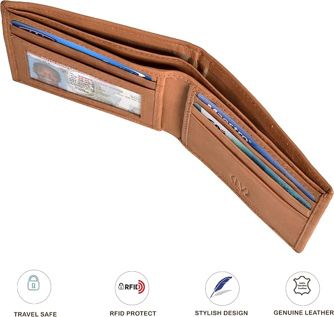 VALENCHI Genuine/Real Leather Bifold Wallet For Men - RFID Blocking/Protected Men's Slim Wallet - Christmas Gifts For Men (Tan Wash BF01) - Image 3