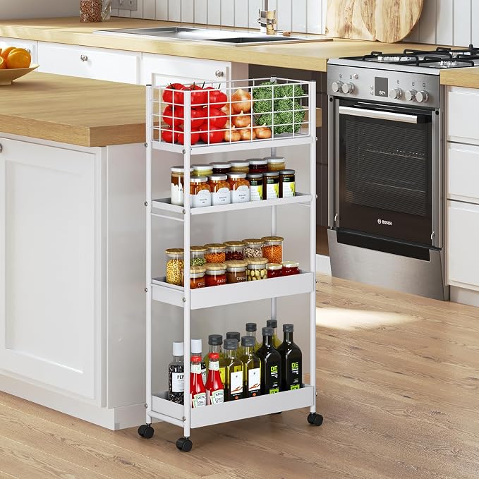 KINGRACK 4 Tier Slim Rolling Cart, Metal Utility Storage Cart with Wheels | 5.7" Raised Edge, Narrow Space Trolley Organizer for Bathroom, Kitchen, Office, Dorm, Laundry, Living Room, White - Image 7