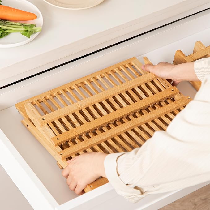 HBlife Bamboo Dish Drying Rack with Utensil Holder, 3-Tier Large Collapsible Wooden Dish Drainer Rack, Folding Drying Holder Dish Drainer for Kitchen Counter - Image 4