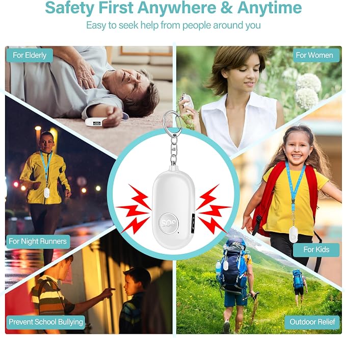 Hion Personal Safety Alarm for Women, 2 Pack Rechargeable 130dB Self Defense Alarm Keychain with LED Flashlight, Emergency Safe Sound Security for Children Elderly College Girls, Black+White - Image 6