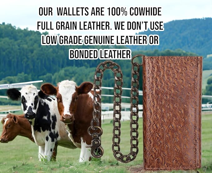 F&L CLASSIC RFID Blocking Mens Tri-fold Long Style buffalo crazy horse Leather Steel Chain Wallet,ostrich print brown,212-51 - Image 5