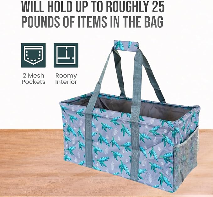 Extra Large Utility Tote Bag - Oversized Collapsible Reusable Wire Frame Rectangular Canvas Basket With Two Exterior Pockets For Beach, Pool, Laundry, Car Trunk, Storage - Turtle - Image 5