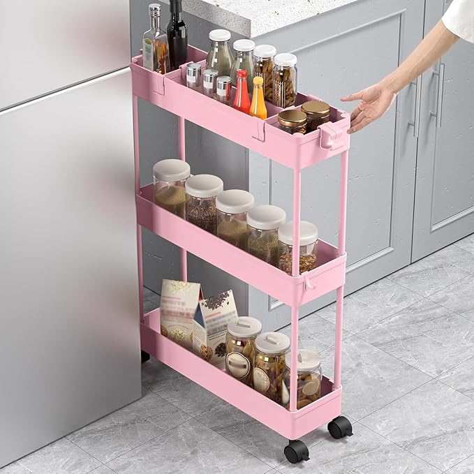 2-piece Set Slim Storage Cart 3 Tier,Bathroom Organizer Rolling Utility,Mobile Shelving Unit Slide Out for Office, Kitchen, Laundry Room & Narrow Places - Image 5