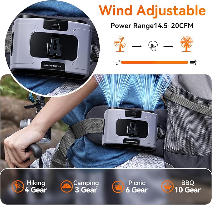 Doublepow 10000mAh Portable Waist Fan, Personal Dual Waist Fan, Clip On Belt Hanging Neck, Dual Motor 20H&10 Speed 16000RPM Strong Airflow, USB Rechargeable Fans, for Outdoor Work Travel(K60-Gray) - Image 4