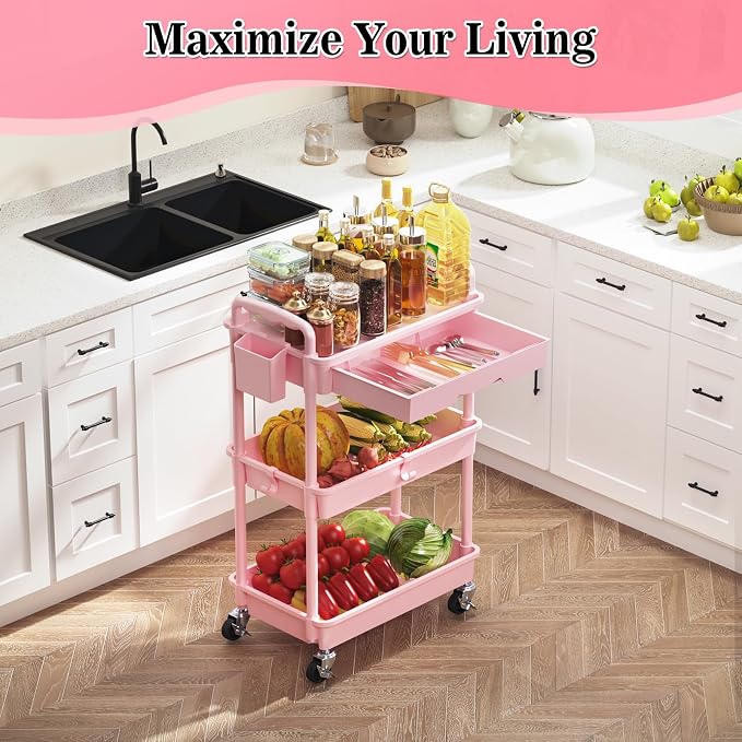 SUNALLY 3 Tier Rolling Cart with Drawer, Craft Storage Cart Organizer, Pink | Bathroom Storage Organizer with 2 Lockable Wheels, Rolling Utility Cart for Kitchen, Office, Baby, Makeup, Nail,Snack,Laundry - Image 6