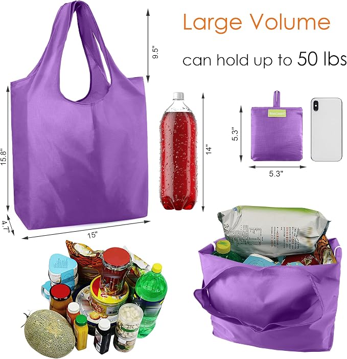 BeeGreen Purple Reusable Grocery Bags Wholesale Purple Reusable Kitchen Bags Bulk Foldable-Machine Washable with Zipper Storage Pouch 50 Packs - Image 4