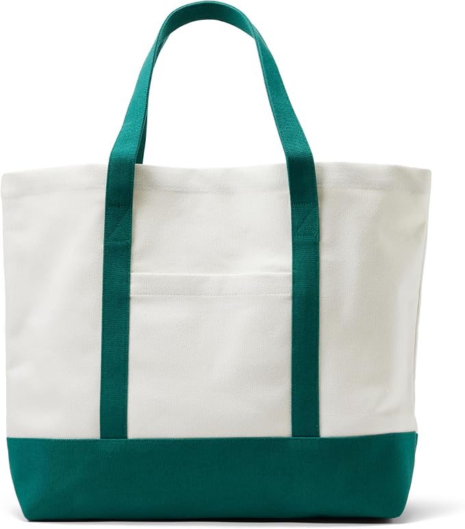 Amazon Essentials Unisex Adults' Large Heavy Duty Canvas Beach Tote Bag, Natural/Green, One Size by AmazonEssentials