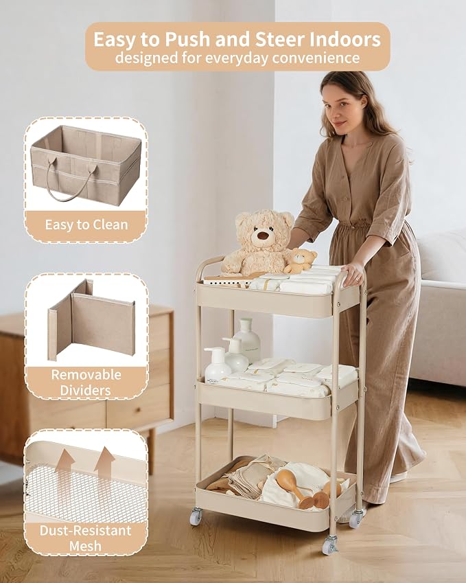 Baby Diaper Caddy, 3 Tier Rolling Cart for Baby Essentials, Taupe | Diaper Cart with Detachable Dividers, Nursery Storage & Bottle Organizer, Bedside Caddy for Bedroom and Living Room - Image 8