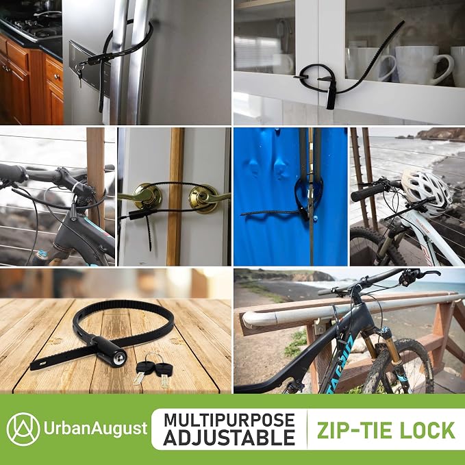 Adjustable Zip Tie Lock for Refrigerator Door Cabinet Bike Stroller Helmet - Multi-Purpose Keyed French Door Lock - Stainless Steel Fridge Lock with Key - Black, 2 Pack… - Image 6