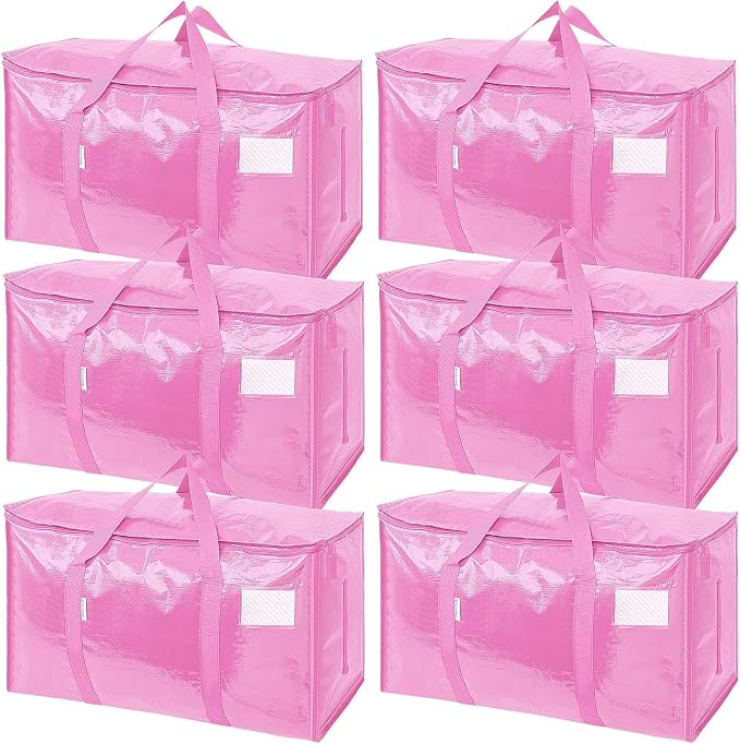 TICONN 6 Pack Extra Large Moving Bags Heavy Duty with Zippers & Carrying Handles, Durable Storage Bags Moving Boxes for Closet Organizers and Storage (6 Pack, Pink) by TICONN