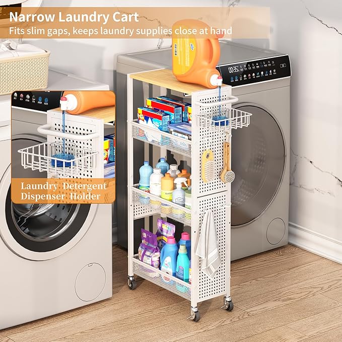 Slim Storage Rolling Cart: 4-Tier Narrow Metal & Wood Utility Cart with Wheels for Kitchen/Laundry/Bathroom(White) - Image 4