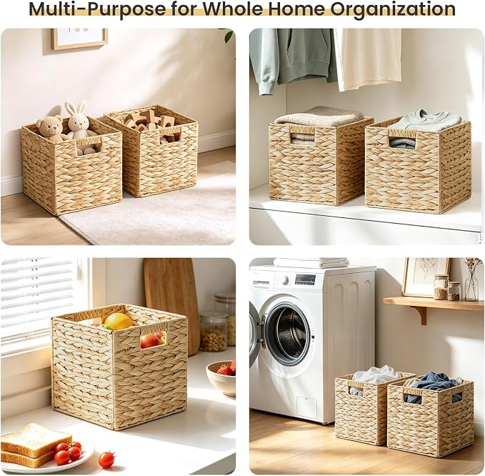 Water Hyacinth Storage Baskets 9in, 4 Pack Wicker Storage Cubes with Handles, Foldable Natural Woven Baskets for Shelves Closet Bathroom, Handmade Organizer Bins - Image 5