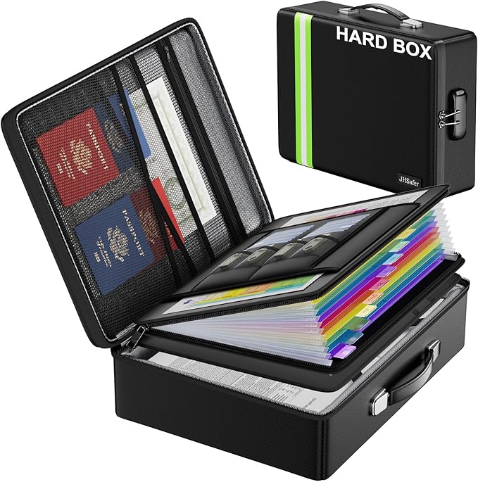 JHSafer Fireproof Document Box with Lock, Hard Shell, Black | File Box with Waterproof Zipper, Important Document Organizer with Handle, Portable Safe for Home, Office, Travel,Laptop by JIHOX