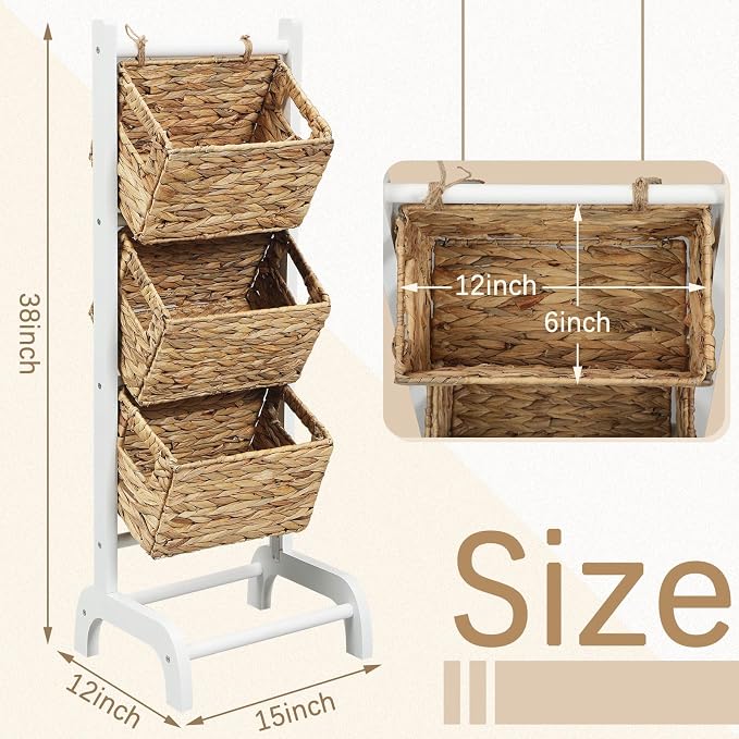 Wicker 3 Tier Foldable Storage Basket Floor Rack with Market Storage Basket Water Hyacinth Storage Rack Hand Woven Laundry Rack for Bathroom Kitchen Laundry Room Living Room Storage(White) - Image 3