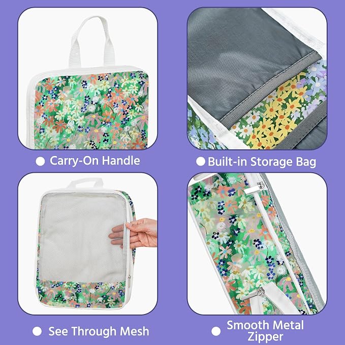 7 Pcs Compression Packing Cubes for Travel, Waterproof Suitcase Luggage Backpack Organizer with Toiletry Bag Travel Essentials for Women/Men-Flowers - Image 4