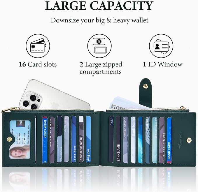 Travelambo Womens Leather Bifold Wallet, Slim RFID Blocking Card Holder | Large Capacity, 16 Card Slots & ID Window, 2 Zipper Pockets, Dual Snap Closure, Slim Lightweight, RFID Privacy Protection - Image 6