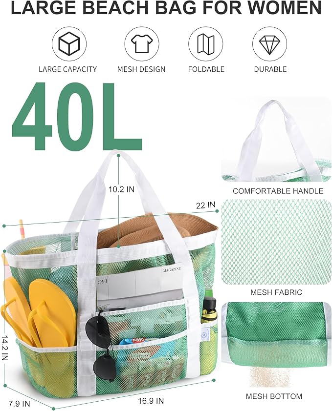 Genteen 40L Mesh Beach Bag, Foldable Sandproof Tote with Waterproof Pocket Quick Dry for Women Family Pool Vacation - Image 4