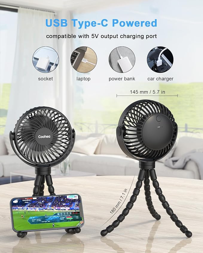 Coohea Stroller Fan Clip on for Baby, 4000mAh Rechargeable Battery Operated, Flexible Tripod, 3 Wind Speed, 360° Rotatable, Small Cooling Portable Fan for Car Seat Crib Golf Cart Bike Treadmill, Black | 4000mAh Battery Operated, 360° Rotatable Flexible... - Image 6