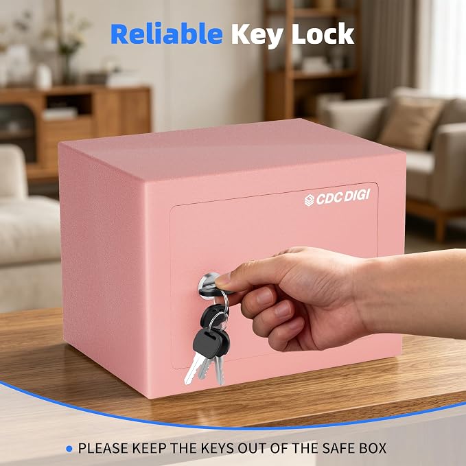 CDC DIGI Steel Security Safe Box with Key Lock,Safe Box for Home, Office, Money, Jewelry, Documents and Valuables, 0.23 Cubic Feet, 9.06" W x 6.69" D x 6.69" H, Pink - Image 8
