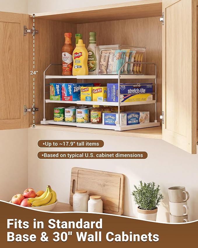 EVERIE Extendable 3-Tier Kitchen Cabinet & Pantry Organizer for Plastic Wrap, Foil & Storage Bags, Adjustable Heavy Duty Shelf Rack for Wrap Boxes, Jars & Snack Boxes (11–16.7 in Wide), Pack of 1 - Image 4