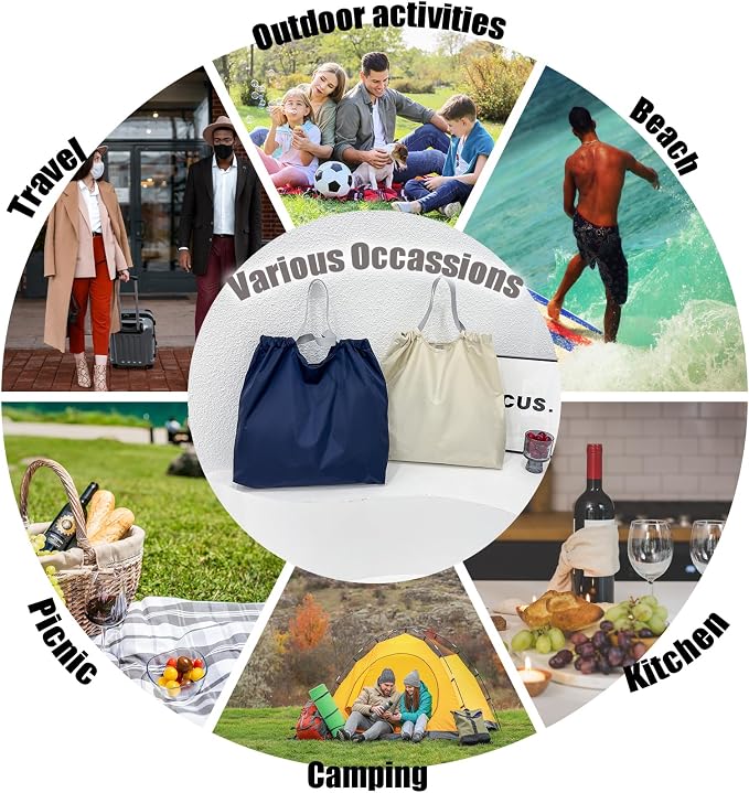 2 PC Foldable Reusable Shopping Bags - 210D Nylon Waterproof Grocery Tote Bag with Drawstring Mouth & Reinforced Handle - Image 7