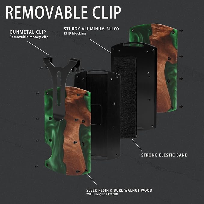 Minimalist Wallet for Men, Slim Metal RFID Blocking Wallet Credit Card Holder Money Clip & Cash Strap, Scratch-Resistant Holds 15 Cards,Ideal Gift for Men | Resin Wood, Unique Pattern,Green - Image 2
