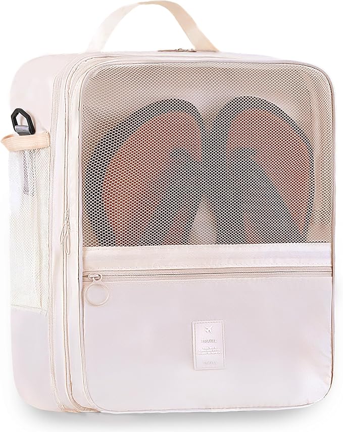 Large Shoe Bags for Travel Holds 4 Pair of Shoes, Shoe Storage Pouch with 3 Layers Compartments, Waterproof & Washable (Cream) by UPRIMEASY