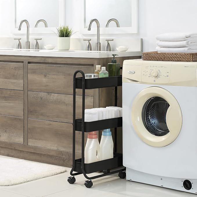SunnyPoint Slim Rolling Storage Cart, 3 Tier Bathroom Storage Organizer Bathroom, Laundry Utility Cart (Black) - Image 5