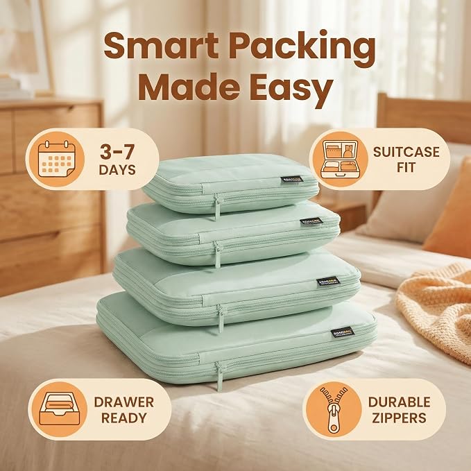 4 Piece Compression Packing Cubes for 3–7 Day Travel, Light Green | Wrinkle-Resistant Memory Fabric, Breathable Mesh Panel, Double-Zipper, Small to Large Size Bag, Smart Organization - Image 9
