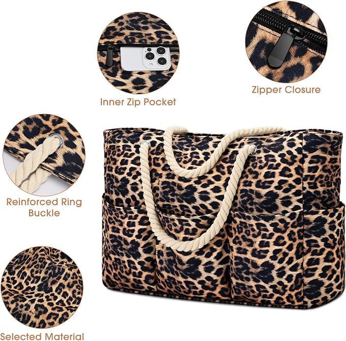 Becokan Beach Bags for Women Canvas Large Beach Tote Bag Zipper Waterproof Sandproof Foldable Swim Pool Bag with 7 Pockets - Image 4