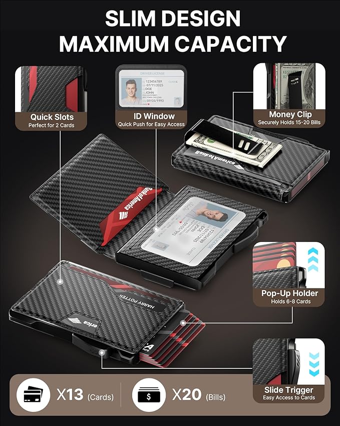 typecase Wallet for Men: Rfid-blocking with Money Clip Slim Leather Bifold Wallet ID Window Smart Pop Up Card Case Hold 9-13 Cards Front Pocket Wallet Gift for Men (Carbon Fiber Black) - Image 2