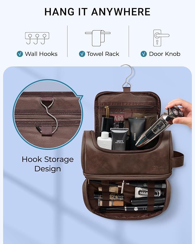 Elviros Hanging Toiletry Bag PU Leather Shaving Kit (Extra Large, Coffee) | Water-Resistant Travel Organizer with Hanging Hook for Toiletries, Shaving Tools, Grooming Items, and Daily Storage - Image 6