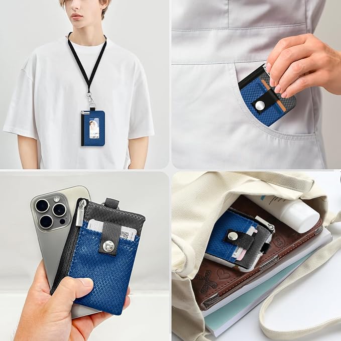Minimalist RFID Blocking Small Wallet with ID Window,WaterResistant Zip Id Case Wallet with Lanyard Keychain for Cards,Cash,Travel,Women,Men (Electric Blue/DarkGrey) - Image 9