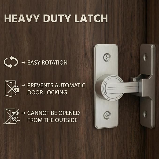 Barn Door Lock Latch - 90-Degree Lock, Heavy Duty Zinc Alloy Security Door Lock for Bathroom, Garage, Bedroom, Cabinet - Nickel - Image 4
