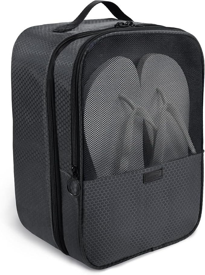 Shoe Bag for Travel,2 Layers Shoes Organizer,Honeycomb Black | Holds 3 Pairs,Trolley Strap,Easy Clean Lining,Leak Proof,Dual Zippers by Aosbos