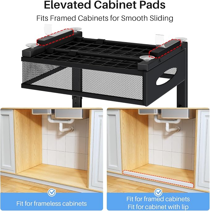 Under Sink Organizer, 2 Tier Pull Out Under Cabinet Organizer Shelf with Pad for Framed Cabinets, Metal Slide Out Under Sink Storage, Mesh Sliding Drawers for Kitchen Bathroom Laundry(Black, 1 Pack) - Image 3