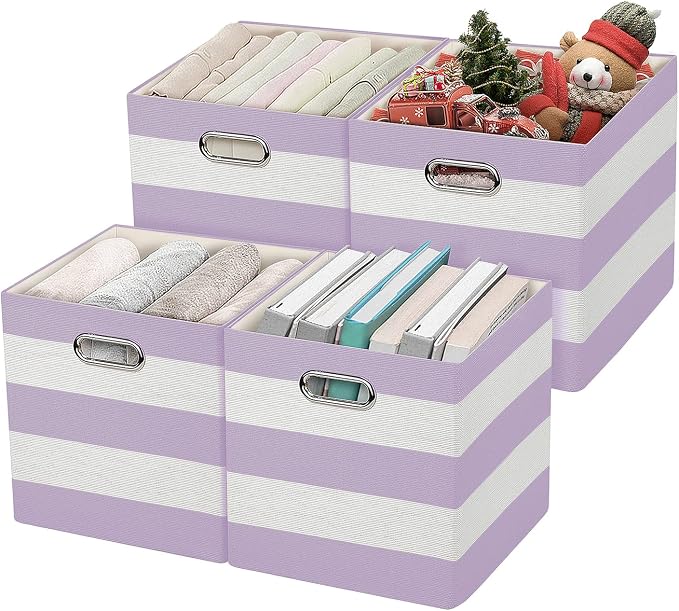 11x11 Storage Cubes Collapsible Fabric Bins- 4pcs,Purple-white Striped | Fabric Storage Drawers Cubby Organizer Bins Striped Container for Organizing Home Office Wardrobe Closet Shelf by Posprica
