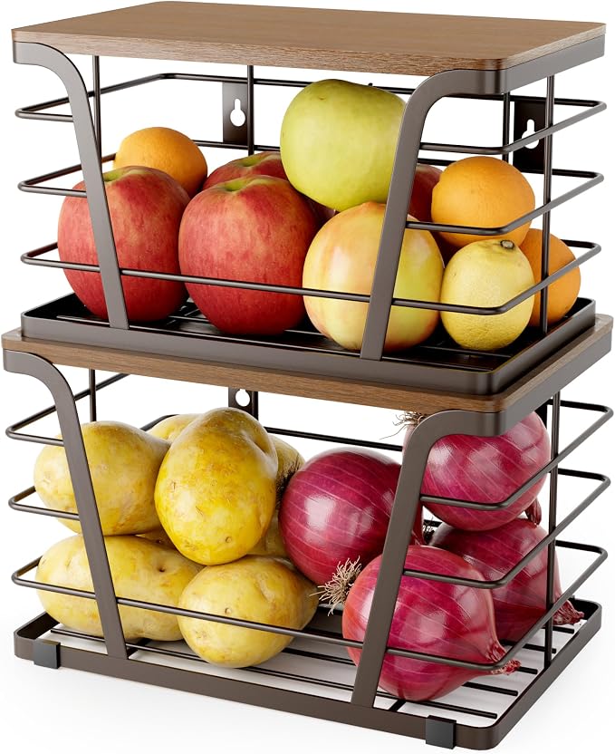 TIDIIABODE Extra Large 2 Pack Potato and Onion Storage Bins,Stackable Storage Pantry Organizers, Kitchen Storage Bins for Potato and Onion, Wall Mount Trash Bag Holder with Bamboo Top, Brown by TrashBagHolder