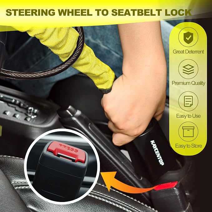 KAYCENTOP Car Steering Wheel Lock, Seat Belt Lock, Anti-Theft Device, Max 17 Inch Length, Small and Light-Weight, Multi-Functional, Fit Most Vehicle, SUV, Golf Cart Security (Yellow) - Image 7