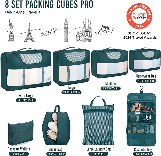 Veken 8 Set Packing Cubes for Travel Essentials,Anti-Wrinkle Buckled Suitcase Organizer for Shoe & Toiletry Bag,Carry On Luggage Bag with 99+ Count Mesh Holes for Airplane & College Dorm Accessories - Image 2