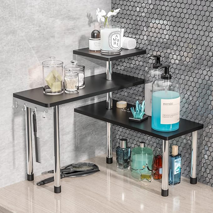 ZHWS Bathroom Counter Organizer Corner Shelf – Bathroom Organization Bamboo 3 Tier Spice Rack Makeup Organizer Bookshelf Space Saving Rack Kitchen Office Living Room, Black by ZHWS